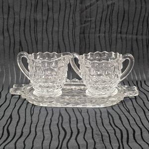 Vintage Fostoria American Clear Glass Creamer Sugar Set w Tray Mini Pressed Glas